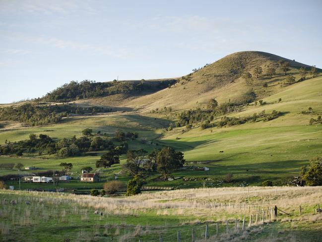 Farmland, Coal River Valley, Tasmania, Australia. Twenty minutes from Hobart, the Coal River region surrounding Richmond is an award winning farming and wine producing area with a similar latitude to the famous wine regions of France and Germany.