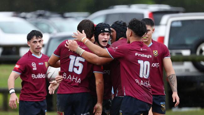 University celebrate a try. Picture: Tertius Pickard