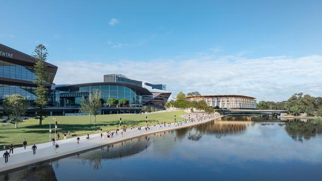 How the new arena will look from the River Torrens, alongside the Convention Centre.