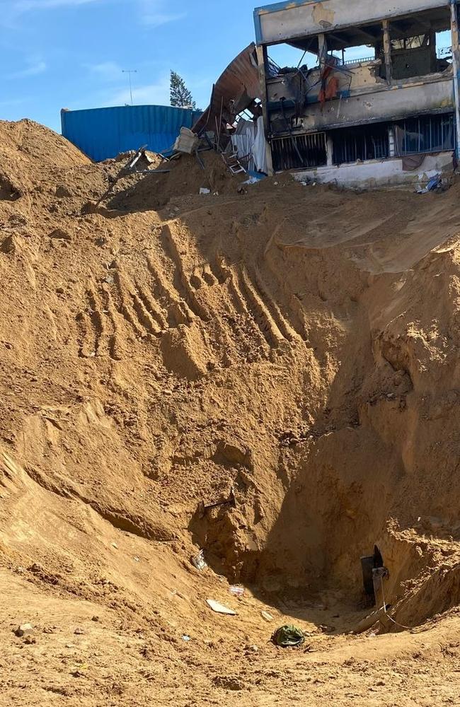 The Israeli military dug up a parking lot to create its own entrance into the tunnel network that leads into what Israeli military officials say is a Hamas military hub underneath UNRWA HQ. Picture: Dov Lieber/WSJ