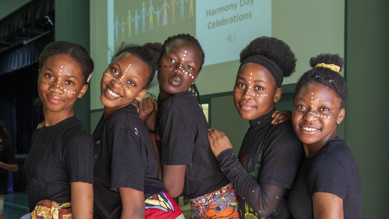 (From left) Adolphine Buloze, Uwamahoro Sourire, Abuk Awou, Rachel Safiny, Injili Mwibusa. Harmony day at St Saviour's College. Thursday, March 25, 2021. Picture: Nev Madsen.