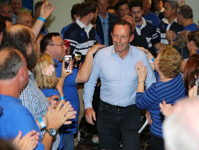 Former Warringah MP Tony Abbott arriving at his election party at Manly Leagues Club shortly after his defeat Picture: Tim Hunter.