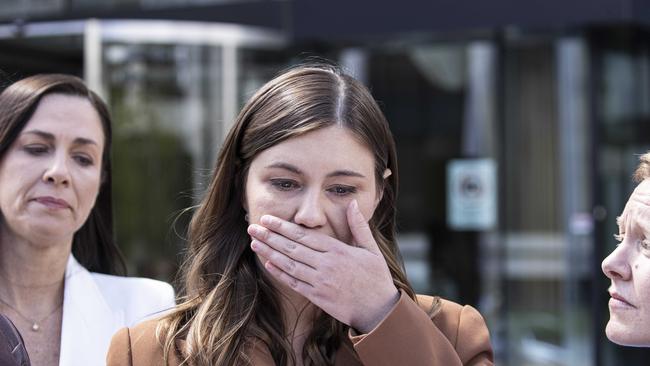 An upset Brittany Higgins outside the Magistrates Court in Canberra. Picture: NCA NewsWire/Gary Ramage