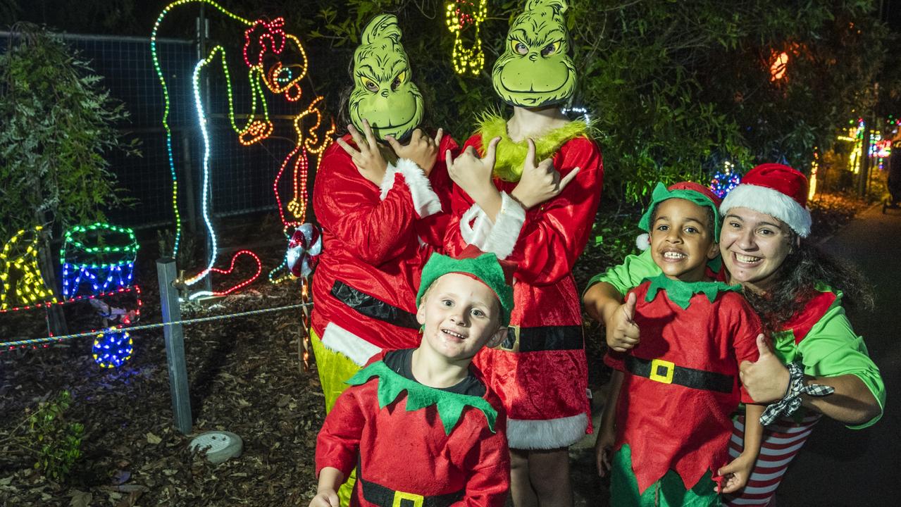 At Toowoomba's Christmas Wonderland annual Christmas lights display are (from left) Jacky Tibbett, Malakye Doherty, Issac Bellford, Peter Yami and Shayla Doherty in Queens Park, Saturday, December 2, 2023. Picture: Kevin Farmer