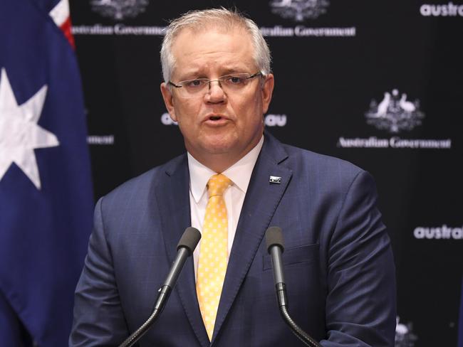 Australian Prime Minister Scott Morrison speaks to the media during a press conference at Parliament House in Canberra, Tuesday, May 5, 2020. (AAP Image/Lukas Coch) NO ARCHIVING