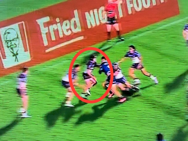 Harry Grant gets away with tackling Wayde Egan after failing to get onside. Picture: Fox League