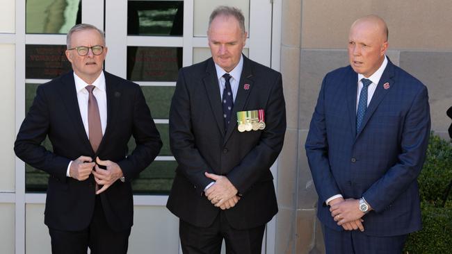 Australian War Memorial director Matt Anderson, centre, with Prime Minister Anthony Albanese and Opposition leader Peter Dutton. Picture: NCA NewsWire / Gary Ramage