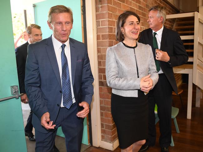 NSW Premier Gladys Berejiklian at Balgowlah Boys Campus, Sydney, Monday, October, 16, 2017. Mr James is in the background, with Principal Paul Sheather on the left. (AAP Image/Brendan Esposito)