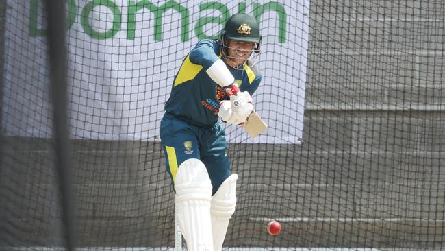 David Warner during a nets session at the MCG. Picture: Darrian Traynor/Getty