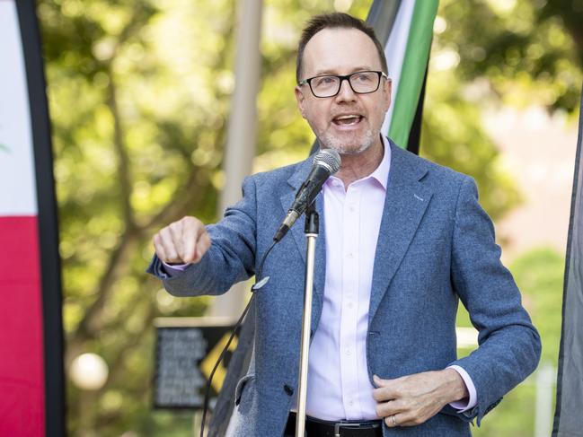 David Shoebridge pictured speaking at the pro Palestine rally in Hyde Park. Picture: NewsWire / Monique Harmer