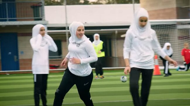 Danya Mustafa looks for a break while training on the grounds at the Islamic College of Brisbane. She has been selected to play at the international invitational tournament in Spain.