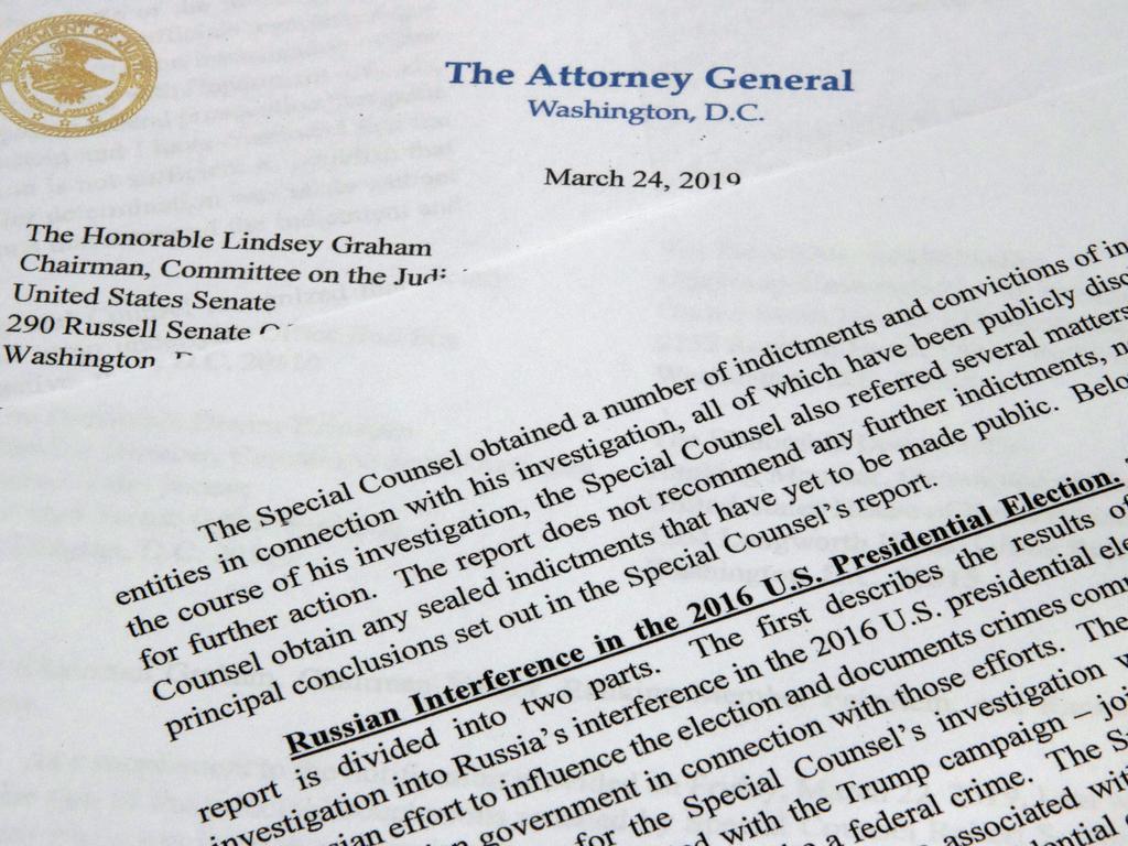 The letter from Attorney-General William Barr to Congress on the conclusions reached by special counsel Robert Mueller in the Russia probe. Picture: AP