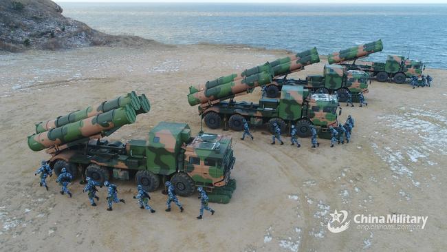 Chinese soldiers prepare anti-ship missile systems. Picture: Supplied