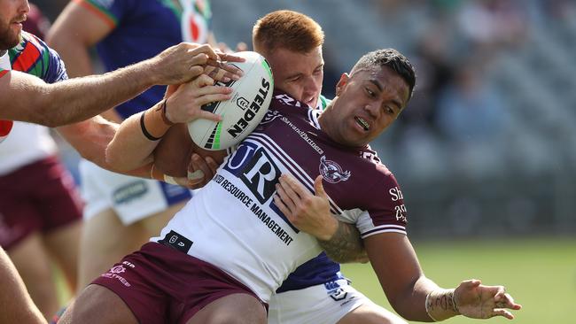 Manly's Tevita Funa is tackled during a match in the NRL.