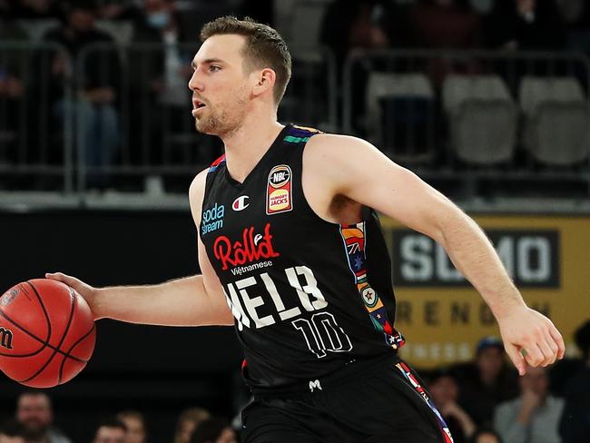 MELBOURNE, AUSTRALIA - JUNE 25:  Mitch McCarron of Melbourne United takes the ball forward during game three of the NBL Grand Final Series between Melbourne United and the Perth Wildcats at John Cain Arena, on June 25, 2021, in Melbourne, Australia. (Photo by Graham Denholm/Getty Images)