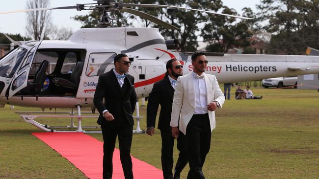 Salim Mehajer is all smiles after he and his groomsmen arrived at Phillips Park in Lidcombe by helicopter. Picture: Toby Zerna