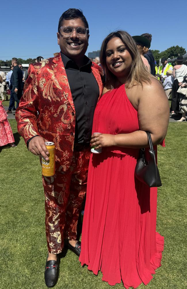 Mitesh Patel and Kimberly Prasad at the Melbourne Cup at Flemington Racecourse on November 5, 2024. Picture: Phillippa Butt