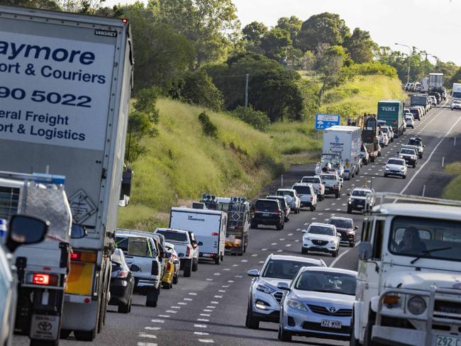 Traffic jam for miles as the flood damaged Bruce Highway causes massive delays between Maryborough and Gympie. Picture Lachie Millard