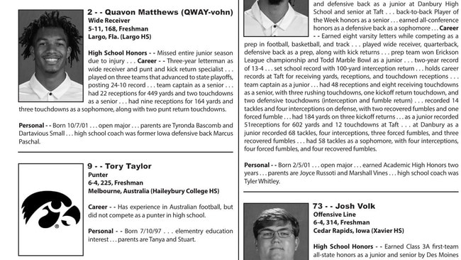 Tory Taylor's player profile in the 2020 Iowa Hawkeyes media guide.