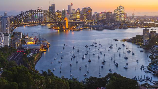Sun setting over Sydney Harbour, Lavender Bay.Views from Harbourview Hotel, North Sydney.