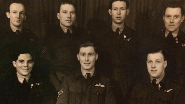 A wartime photo of “Bankstown bomber boy”, Flight-Sergeant Rex Valentine Donowa (front, left) and his Bomber Command crew.