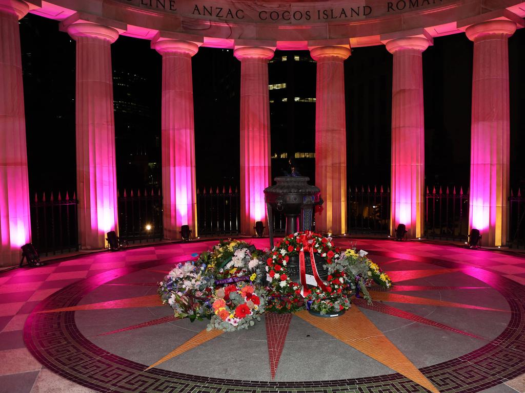 The Shrine of Remembrance during the ANZAC Day Dawn Service held in Brisbane. Picture: NCA NewsWire/Tertius Pickard