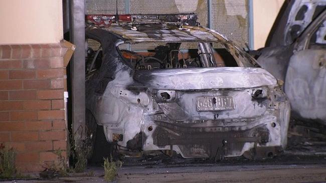 The aftermath of a fire which ripped through police cars at Lowood. Picture 9News