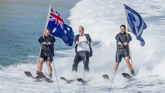 Peter Welch, Riviera Owner Rodney Longhurst and Chris McCafferty being towed behind the Platinum Edition Sport 6000 Yacht. Picture: Jerad Williams