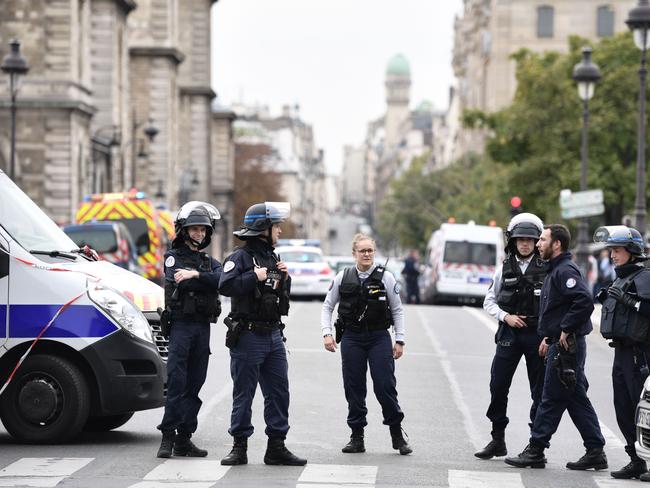 Police block the street after the attack on the Paris police headquarters. Picture: AFP