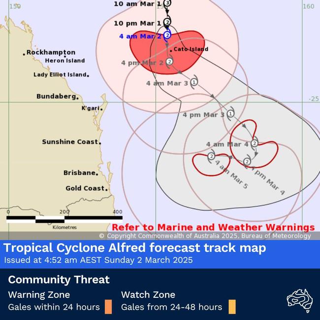 Tropical Cyclone Alfred tracking map for March 2. Picture: Bureau of Meteorology