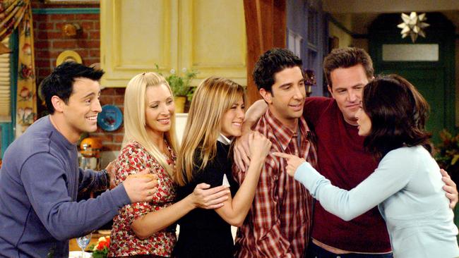 Matt LeBlanc, Lisa Kudrow, Jennifer Aniston, David Schwimmer, Matthew Perry and Courteney Cox in an episode of the sitcom Friends, which ran from 1994 to 2004.