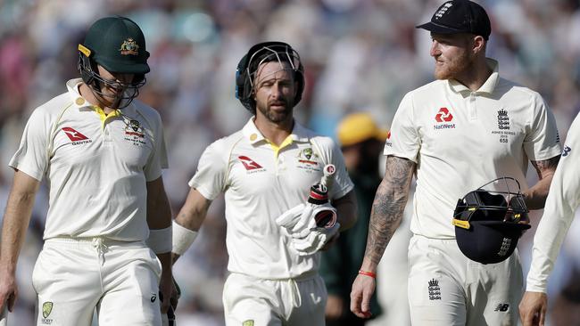 Tim Paine and Ben Stokes exchange words at tea on day four. Picture: Getty Images