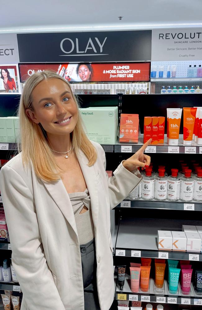 Rachael Wilde with the tbh range in Priceline. Picture: Supplied