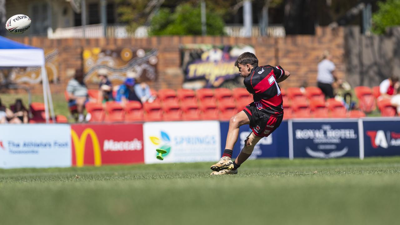 James Morcom attempts a conversion for Valleys against Southern Suburbs in U13/14 boys Toowoomba Junior Rugby League grand final at Toowoomba Sports Ground, Saturday, September 7, 2024. Picture: Kevin Farmer