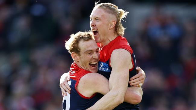 MELBOURNE . 02/04/2023. AFL Round 3. Melbourne vs Sydney Swans at the MCG. Clayton Oliver of the Demons celebrates a 1st quarter goal with Harrison Petty . Pic: Michael Klein