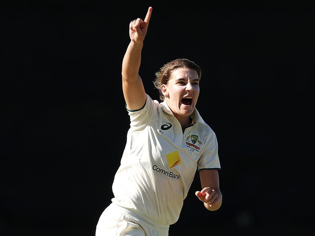 Annabel Sutherland of Australia celebrates taking the wicket of Chloe Tryon of South Africa. Picture: Paul Kane/Getty Images