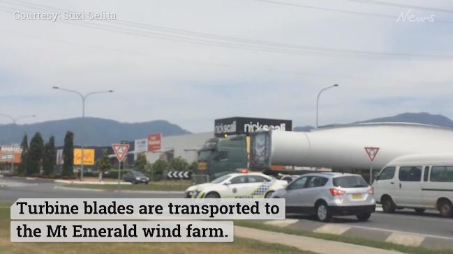 Turbine blades are transported to the Mt Emerald wind farm