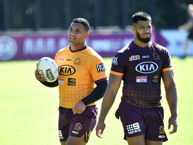 Tevita Pangai Junior (left) and Payne Haas (right) are keen on a Broncos reunion. Picture: AAP Imag