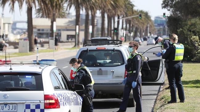 Police conduct checks in Melbourne during a ‘stage four’ Covid lockdown. Picture: David Crosling/NCA NewsWire