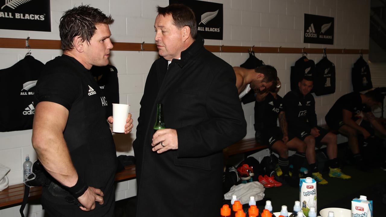 All Black Matt Todd speaks with coach Steve Hansen in the dressing room in Dunedin.