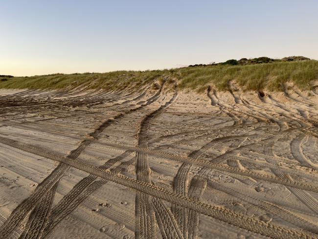 The aftermath on Goolwa Beach after 4WDs drove from the shore to the sand dunes. Picture: Keith Parkes