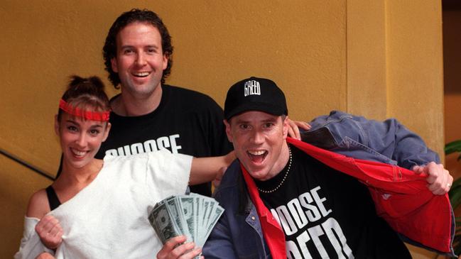 “Flashdancer” Rachel Jenson, Sean Craig Murphy and Craig Bruce at Planet’s Greed retro night in the 1990s.