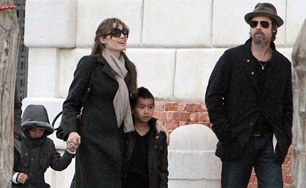 Angelina Jolie and Brad Pitt with their children. Picture: Bang ShowBiz