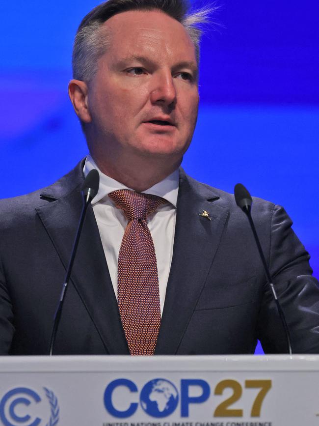 Australia's Minister for Climate Change and Energy Christopher Bowen delivers a speech at the Sharm el-Sheikh International Convention Centre, in Egypt's Red Sea resort city of the same name, during the COP27 climate conference on November 15, 2022. Picture: AFP