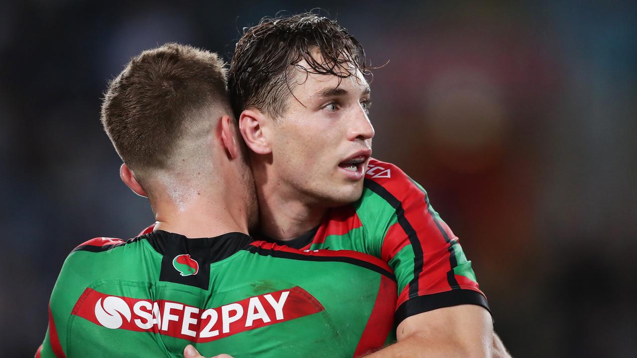 Cameron Murray of the Rabbitohs celebrates with Campbell Graham after scoring a try.