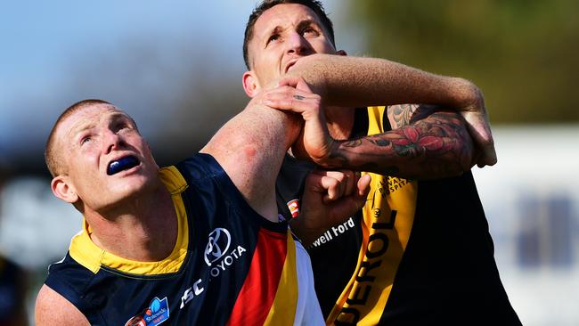 Sam Jacobs of the Adelaide Crows rucks against Jesse White of the Tigers during the round 14 SANFL match at ACH Group Stadium. Picture: Getty Images