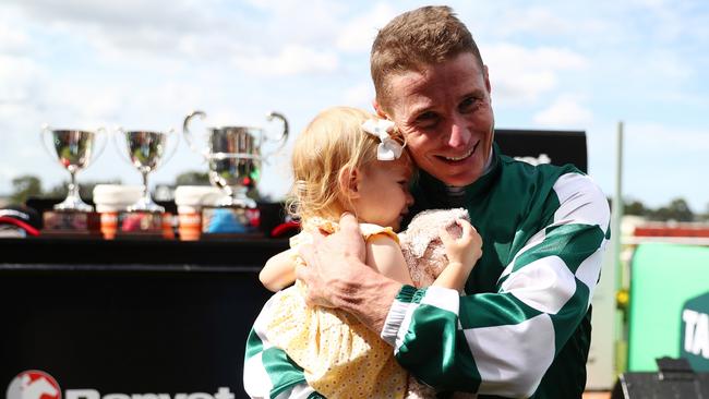 James Mcdonald with daughter Evie following Via Sistina’s Ranvet Stakes romp Picture: Jeremy Ng/Getty Images