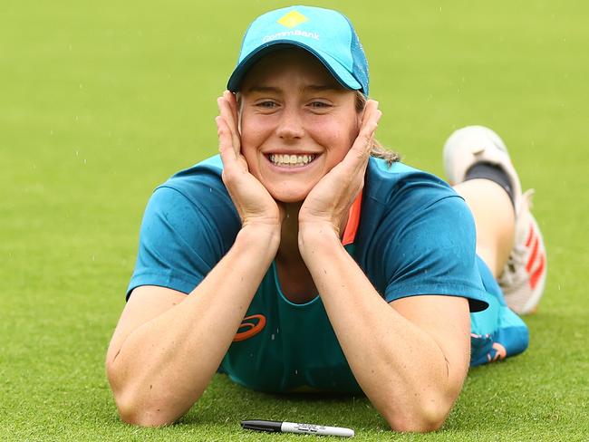 CANBERRA, AUSTRALIA - JANUARY 29: Ellyse Perry of Australia has her photo taken by a team mate after game three of the International T20 series between Australia and Pakistan at Manuka Oval on January 29, 2023 in Canberra, Australia. (Photo by Mark Nolan/Getty Images)