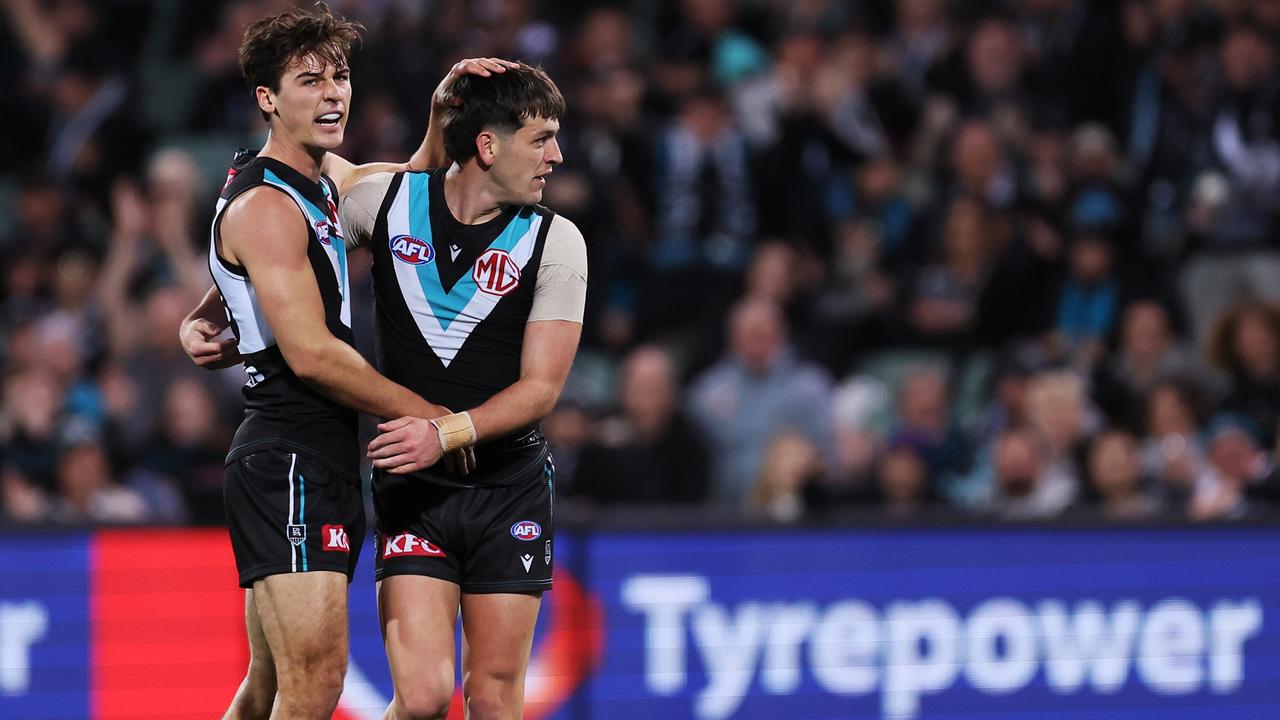 Connor Rozee and Zak Butters of the Power celebrate a goal against the Cats at Adelaide Oval. Picture: James Elsby/AFL Photos