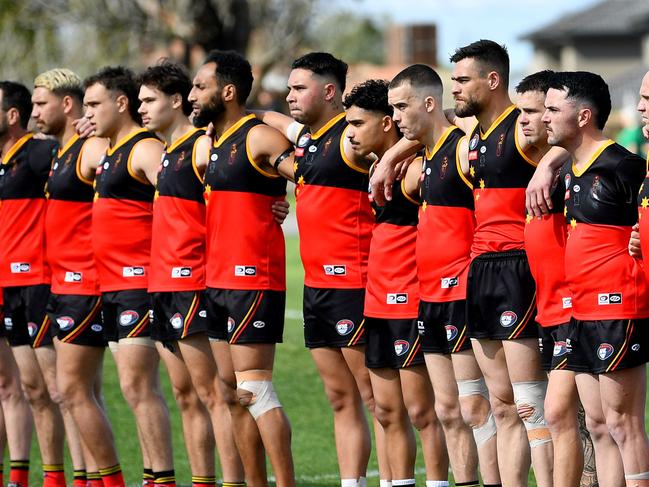 The Fitzroy Stars stand for the national anthem during the 2024 Northern Football Netball League Division 3 Heidelberg Golf Club Seniors Grand Final match between the Fitzroy Stars and the Old Paradians at Lalor Reserve, on September 07, 2024, in Melbourne, Australia. (Photo by Josh Chadwick)